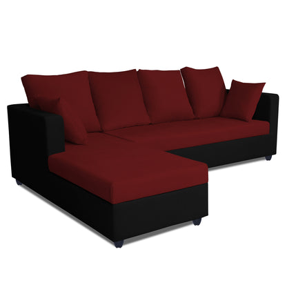 Adorn India Zink Straight line L Shape 5 Seater Sofa Plain Cushion (Left Side Handle)(Maroon & Black)