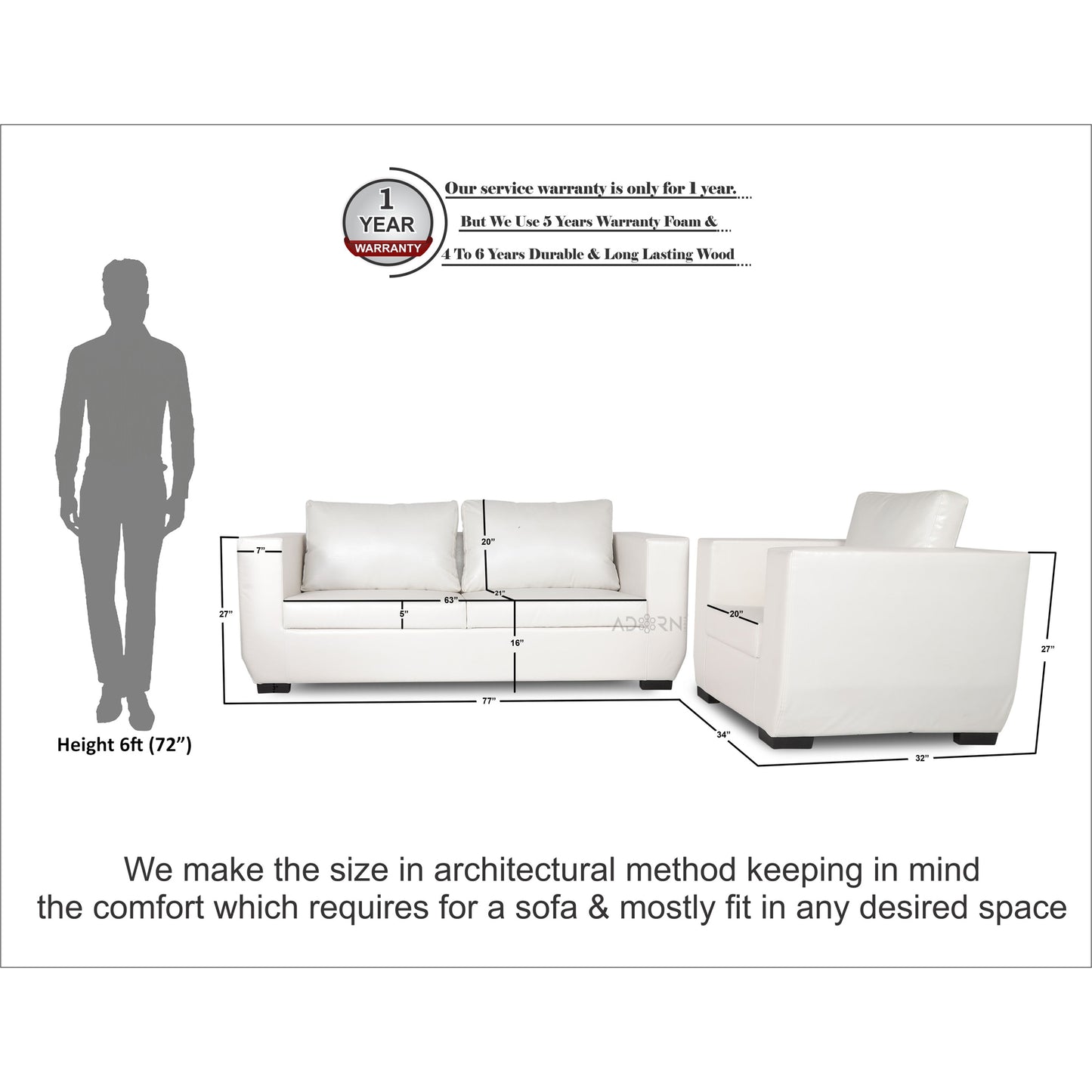 Adorn India Walton Leatherette 3-1-1 Sofa Set (White)