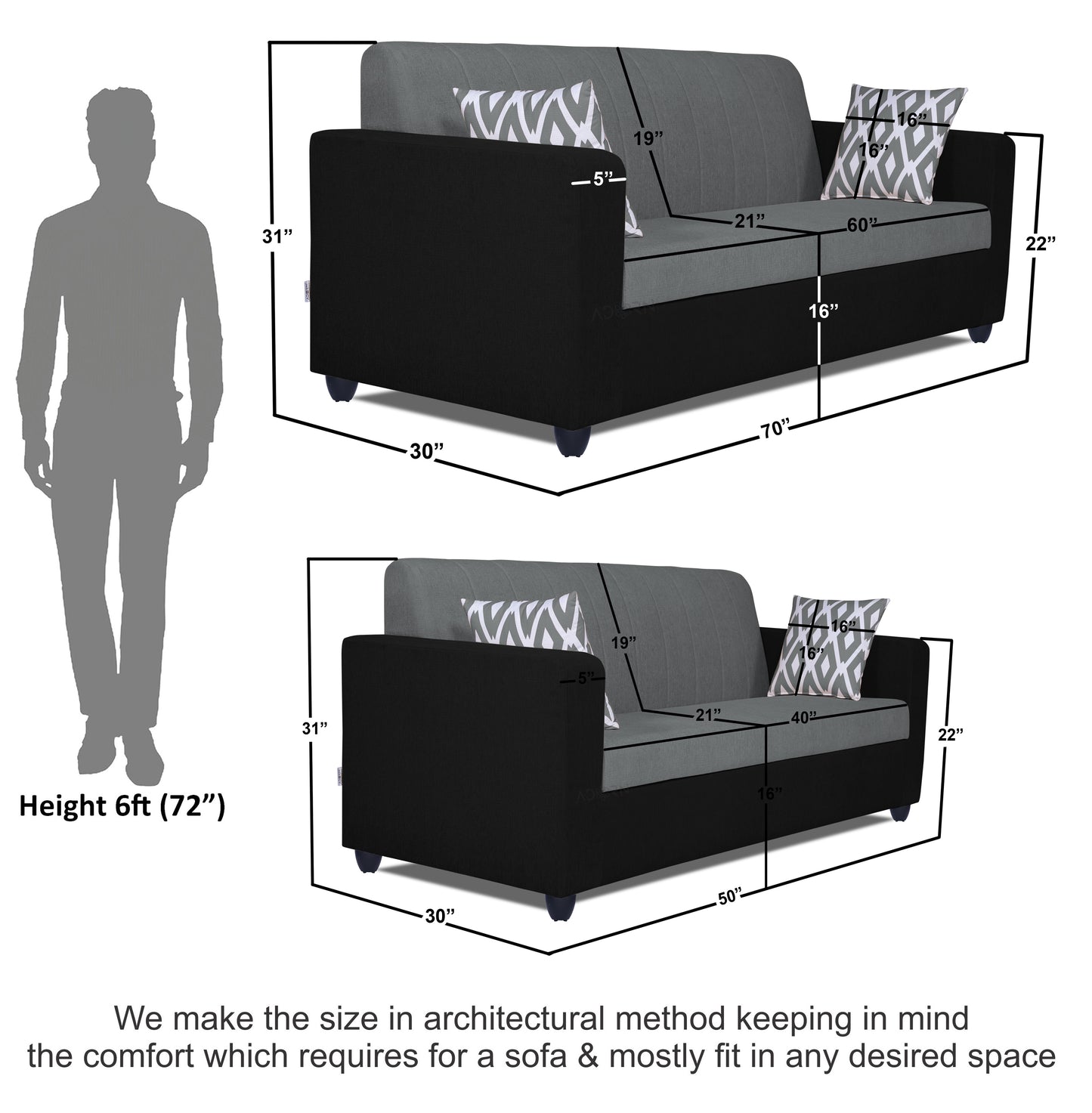 Adorn India Rio Highback 3+2 5 Seater Sofa Set (Grey & Black) (3 Year Warranty)