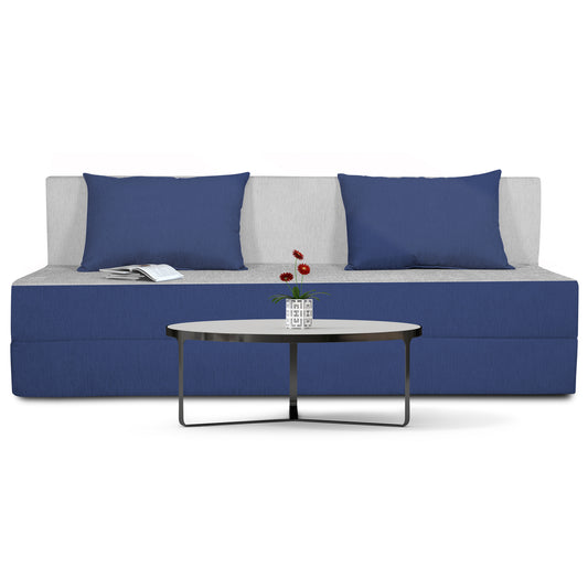 Adorn India Easy 4 Seater Sofa Cum Bed (2 Years Warrenty Quality Foam)-Perfect for Seat & Sleep Washeble Polyster Fabric Cover (Blue & Grey) 6'x6'.Pillows Free (1 Year Warranty)