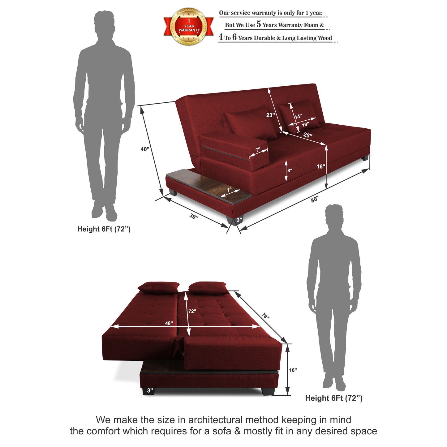 Adorn India Blake 3 Seater Sofa Cum Bed (Maroon), Wood, Foam