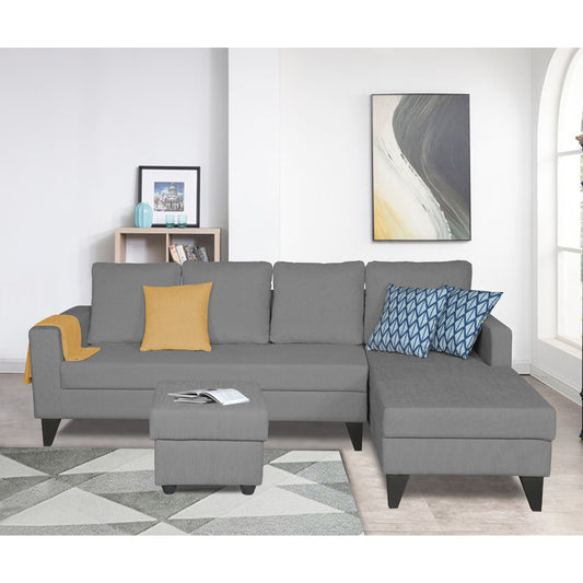 Adorn India Hallton L Shape Decent Sofa Set 7 Seater with Ottoman (Right Side) (Grey) (3 Year Warranty)