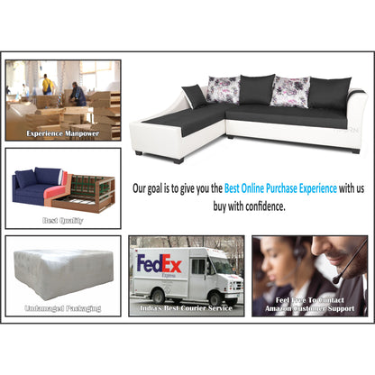 Adorn India Aliana L Shape Leatherette Fabric 6 Seater Sofa Set LHS (Dark Grey & White) (3 Year Warranty)