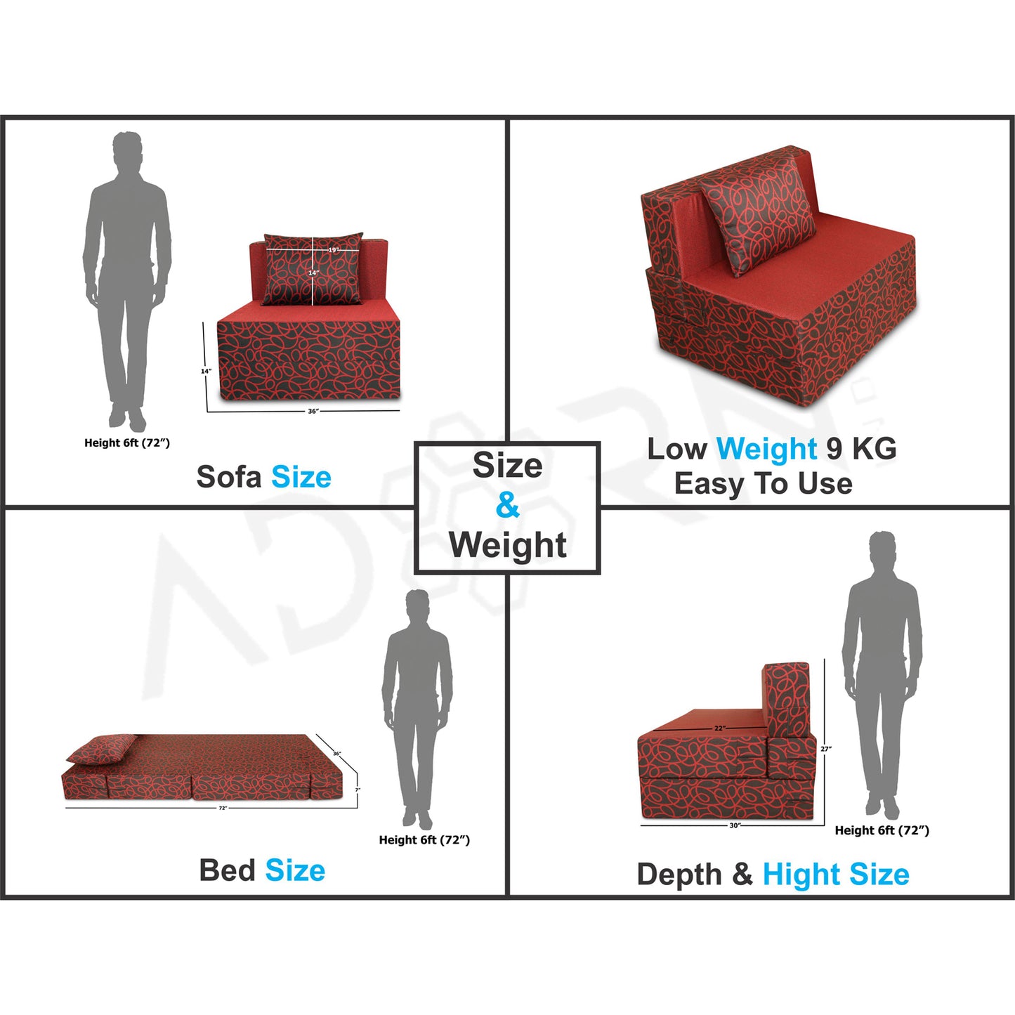 Adorn India Easy 1 Seater Sofa Cum Bed Poly Cotton (Maroon and Black) (3 x 6) (1 Year Warranty)