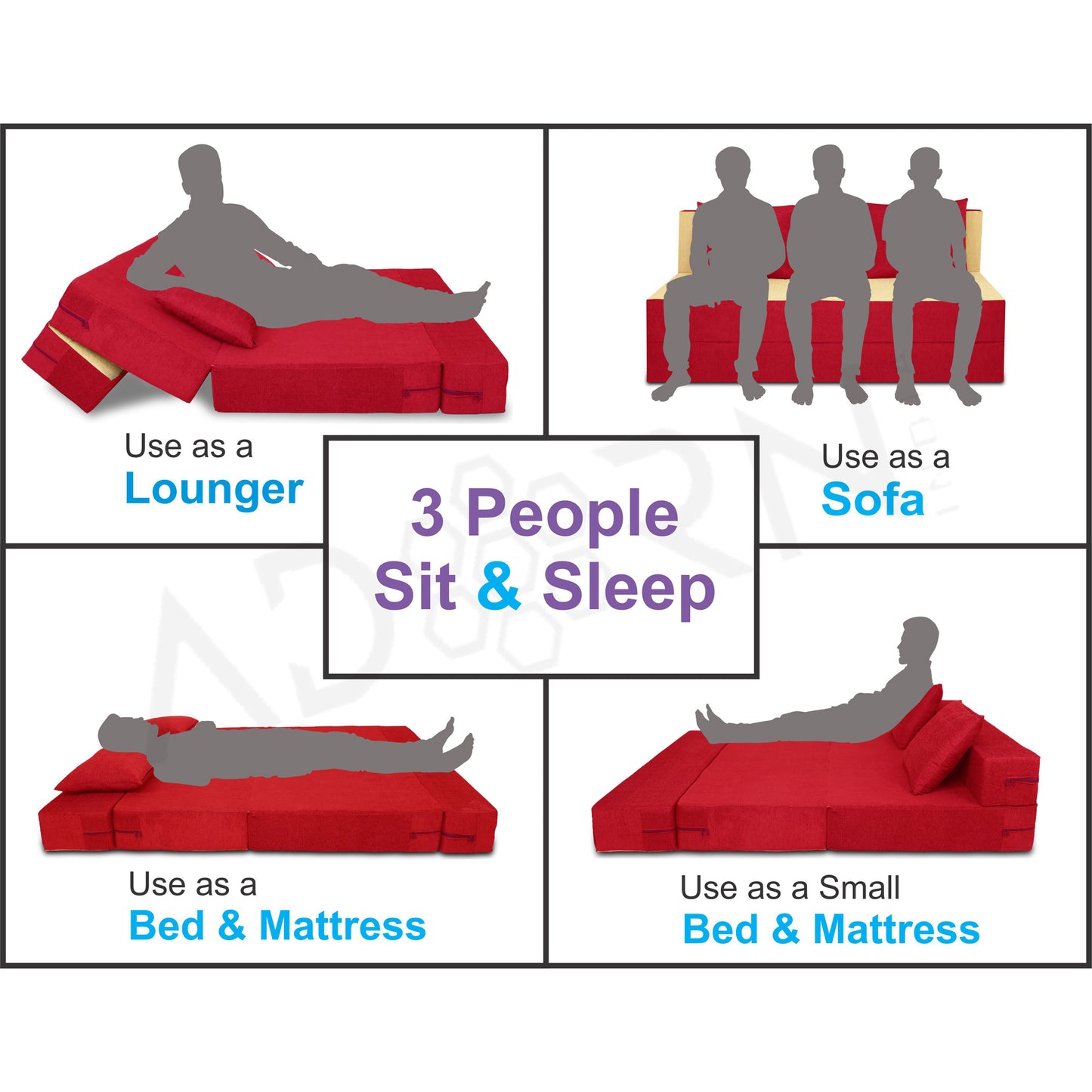 Adorn India Easy 3 Seater Sofa Cum Bed (Red) d and Beige (5x6) (1 Year Warranty)