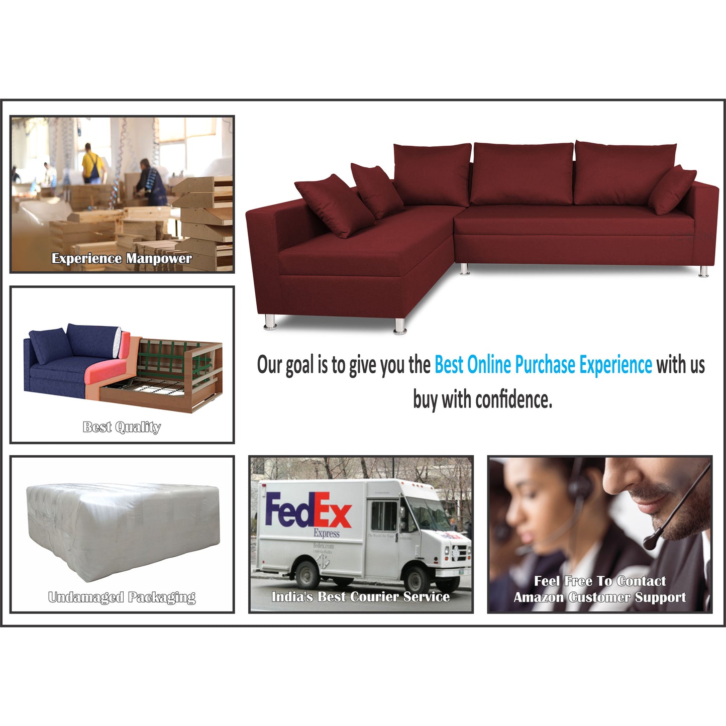 Adorn India Straight Line 6 seater L Shape Sofa set (Left Side Handle)(Maroon)