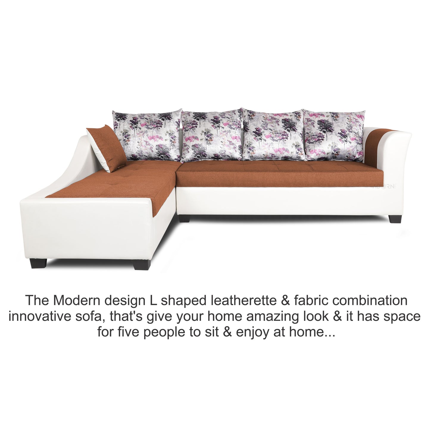 Adorn India Aliana L Shape Leatherette Fabric 6 Seater Sofa Set LHS (Rust & White) (3 Year Warranty)