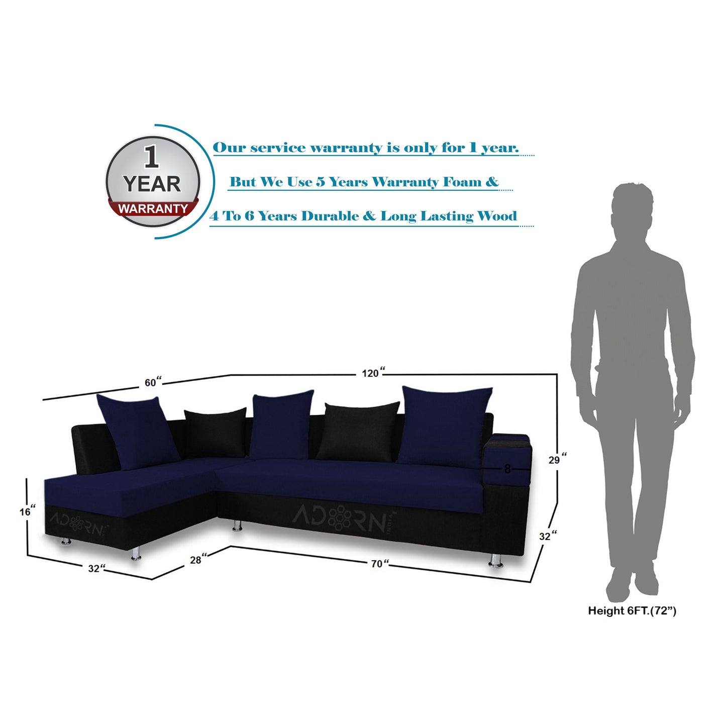 Adorn India Adillac 5 Seater Corner Sofa(Left Side Handle)(Dark Blue & Black), Wood, Foam