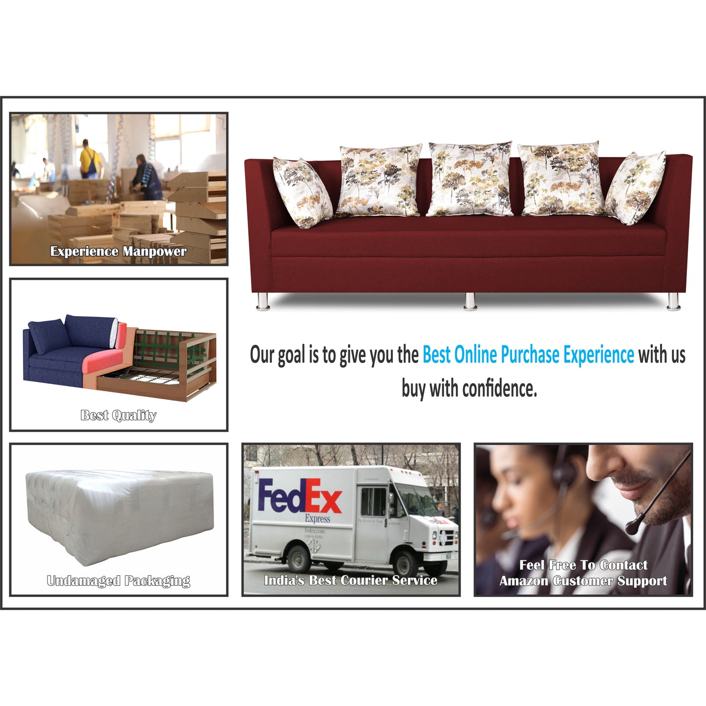 Adorn India Alica 3 Seater Sofa (Maroon), Wood, Foam