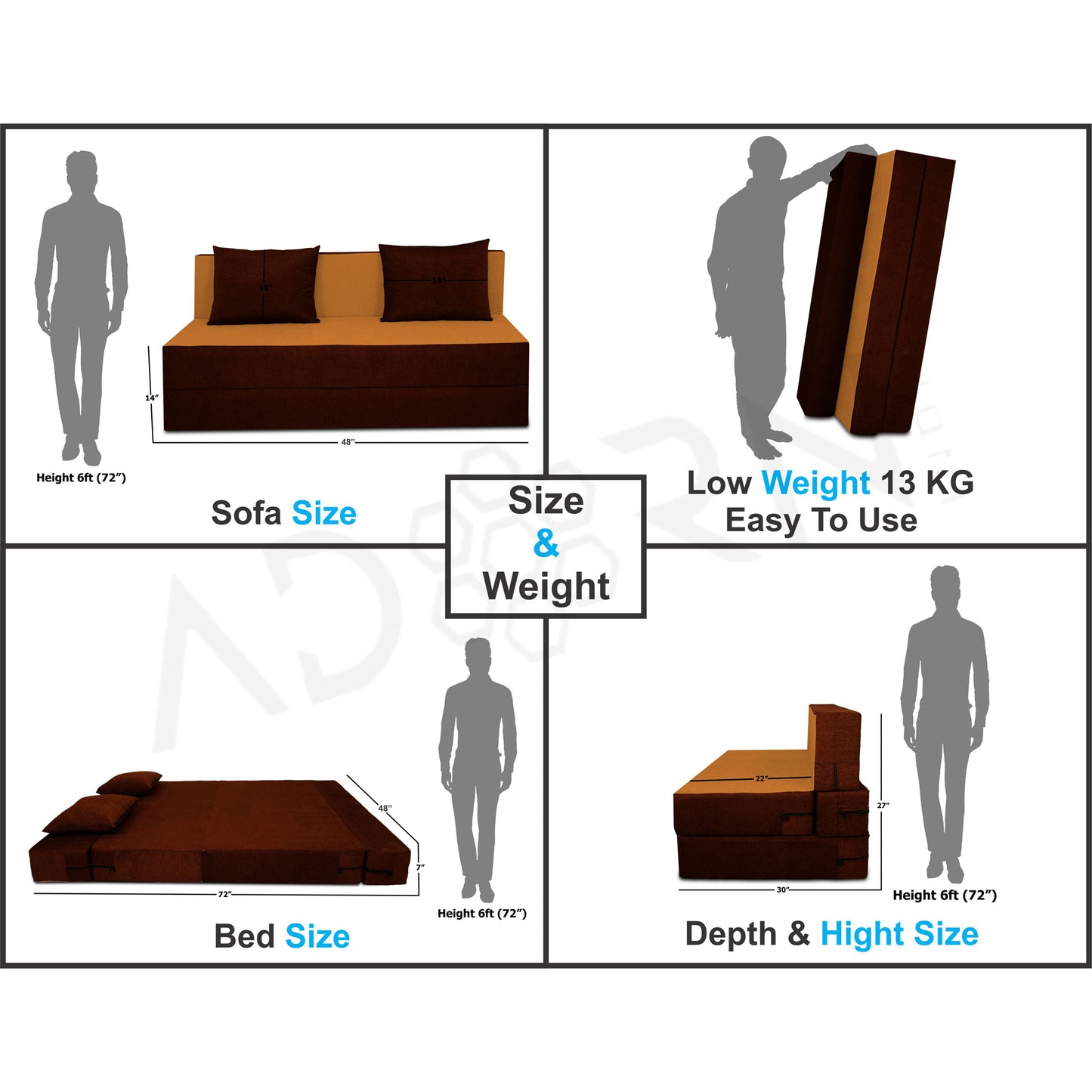 Adorn India Easy 2 Seater Sofa Cum Bed (2 Years Warrenty Quality Foam)-Perfect for Seat & Sleep Washeble Polyster Fabric Cover (Camel & Brown) 4'x6'.Pillows Free (1 Year Warranty)
