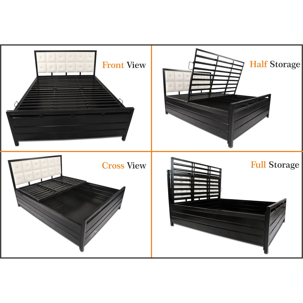Adorn India Calypso Wrought Iron Bed with Back Cushion Queen Size Box Spring Storage (Without Mattress; Matte; Black)
