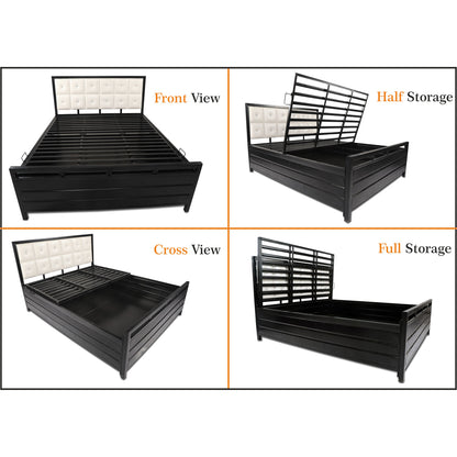 Adorn India Calypso Wrought Iron Bed with Back Cushion Queen Size Box Spring Storage (Without Mattress; Matte; Black)