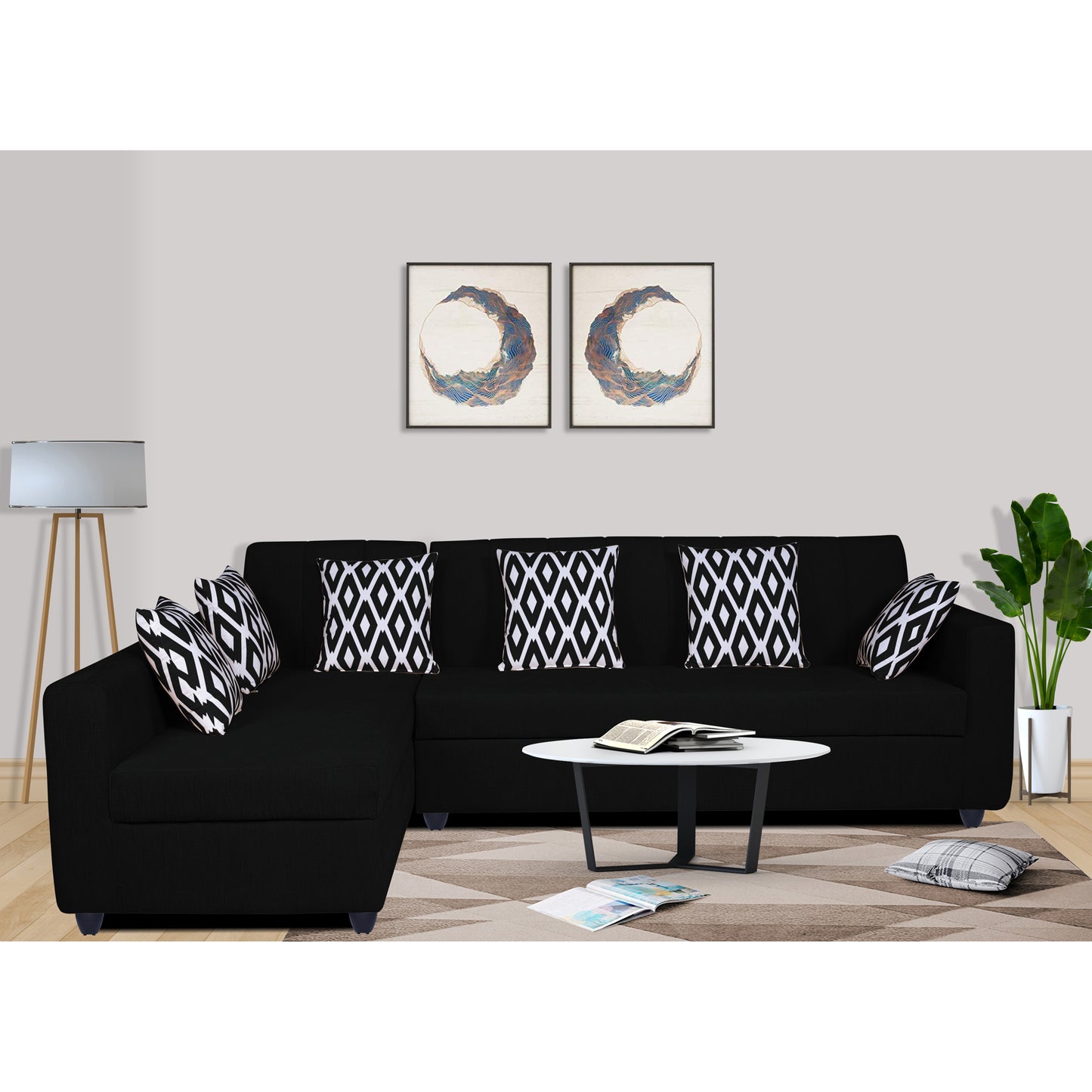 Adorn India Rio High Back L Shape 6 Seater Sofa Set (Left Side Handle)(Black)