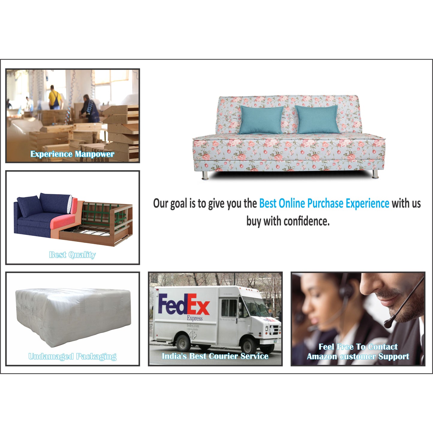 Adorn India Roselyn 3 Seater Sofa Cum Bed Digitel Print (Aqua Blue), Wood, Foam