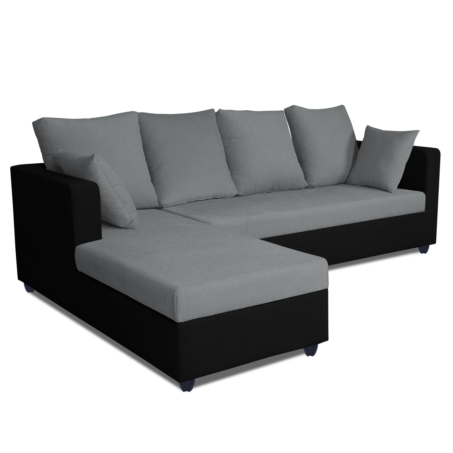 Adorn India Zink Straight line L Shape 5 Seater Sofa Plain Cushion (Left Side Handle)(Grey & Black)
