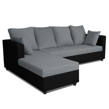 Adorn India Zink Straight line L Shape 5 Seater Sofa Plain Cushion (Left Side Handle)(Grey & Black)