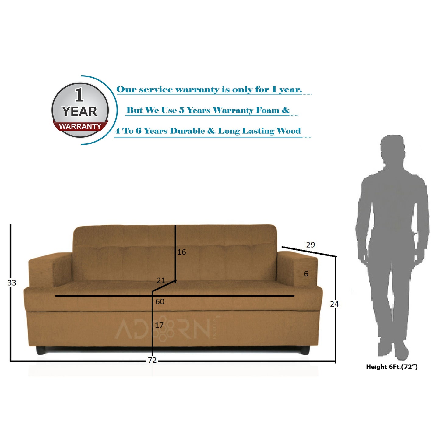 Adorn India Aleena 3 Seater Sofa(Camel)