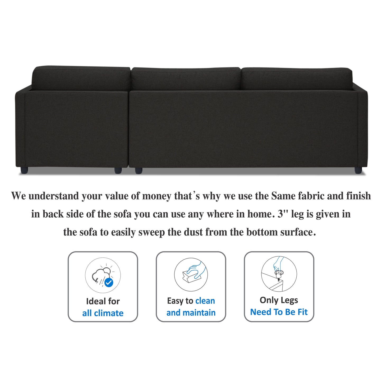 Adorn India Alexander L Shape 7 Seater Sofa Set with Ottoman Puffy RHS (Black) (3 Year Warranty)
