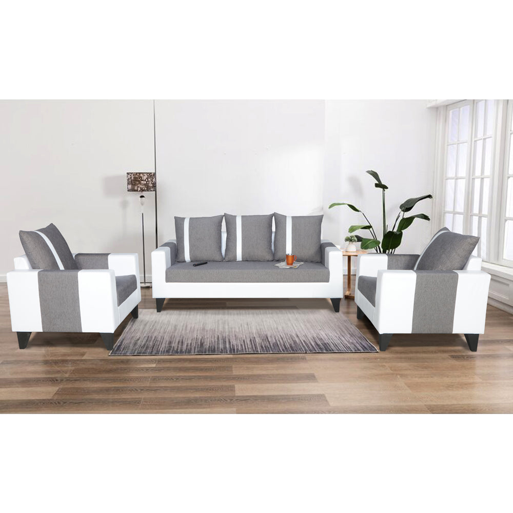Adorn India Ashley Stripes Leatherette Fabric 3-1-1 Five Seater Sofa Set (Grey & White) (3 Year Warranty)