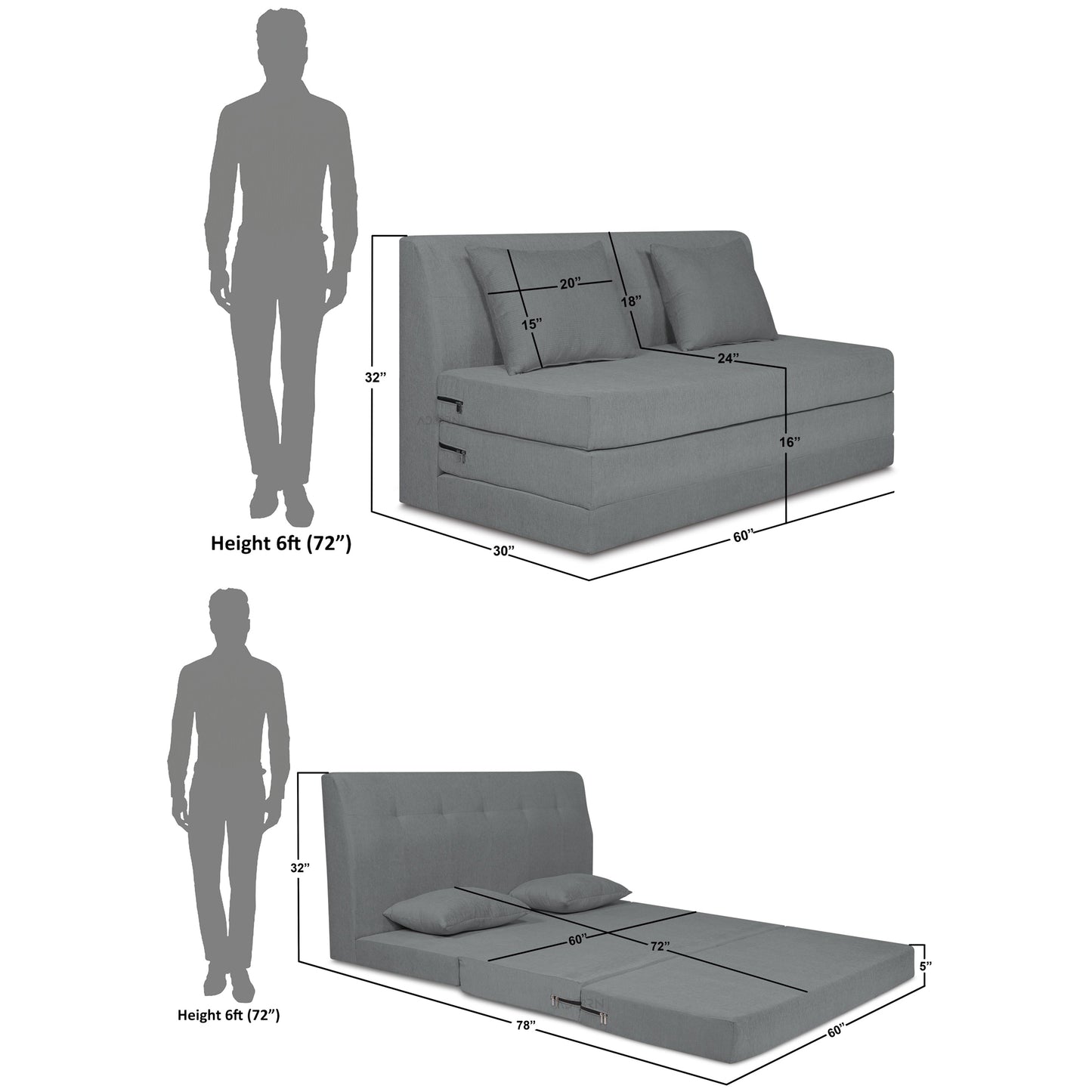 Adorn India Easy Highback Three Seater Sofa Cum Bed Decent 5' x 6' (Grey) (1 Year Warranty)