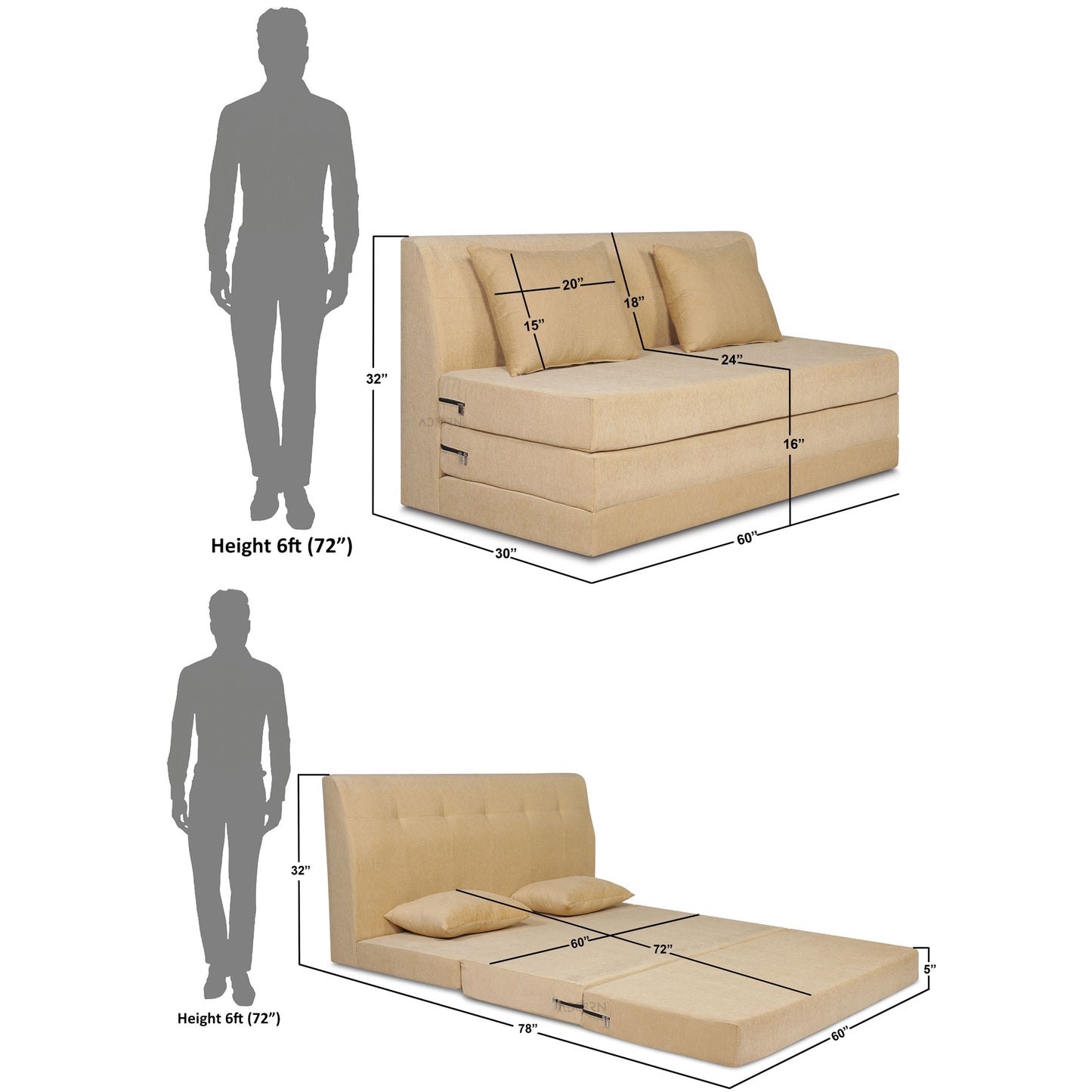 Adorn India Easy Highback Three Seater Sofa Cum Bed Decent 5' x 6' (Beige) (1 Year Warranty)