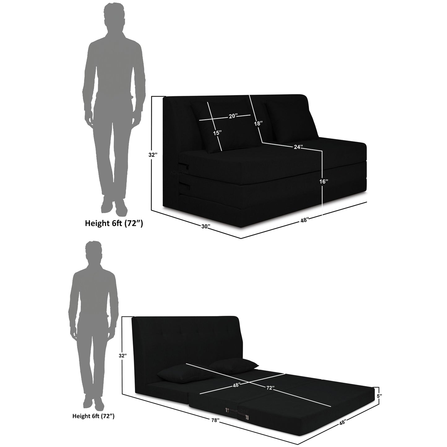 Adorn India Easy Highback Two Seater Sofa Cum Bed Decent 4' x 6' (Black) (1 Year Warranty)