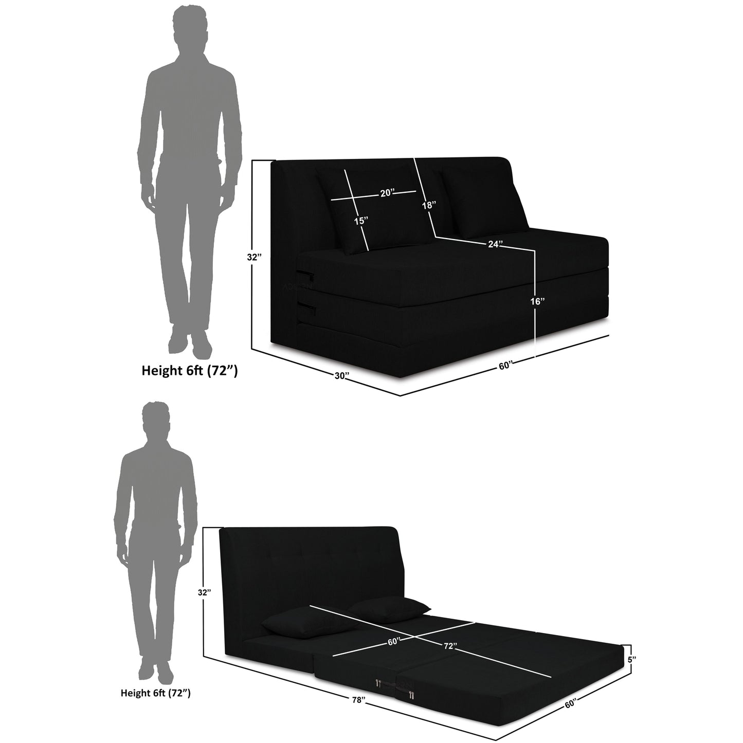 Adorn India Easy Highback Three Seater Sofa Cum Bed Decent 5' x 6' (Black) (1 Year Warranty)