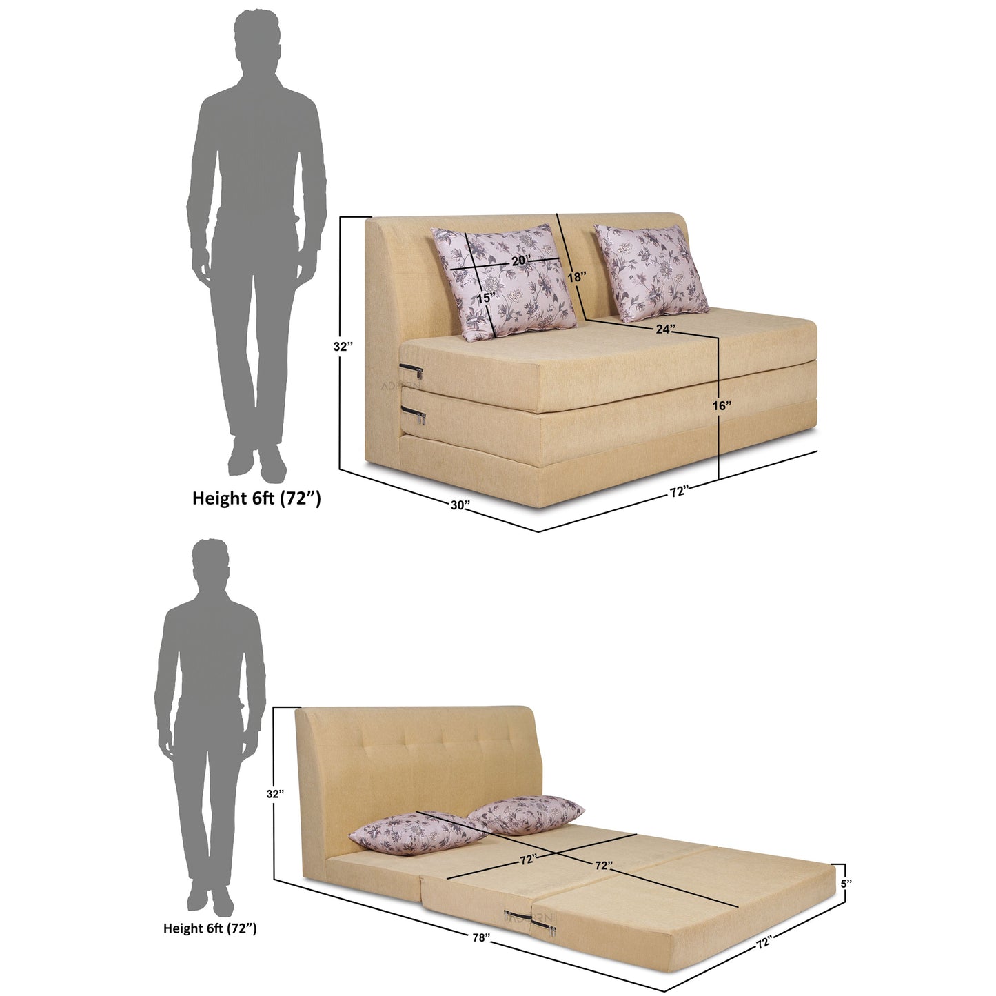 Adorn India Easy Highback Three Seater Sofa Cum Bed Floral 6' x 6' (Beige) (1 Year Warranty)