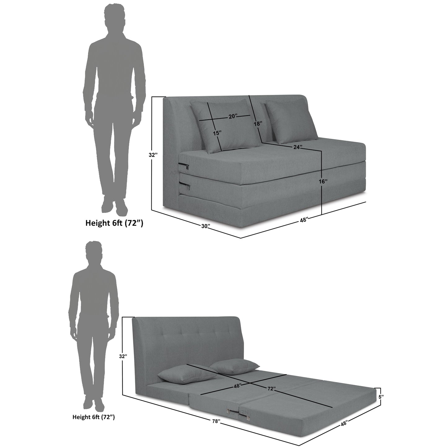 Adorn India Easy Highback Two Seater Sofa Cum Bed Decent 4' x 6' (Grey) (1 Year Warranty)