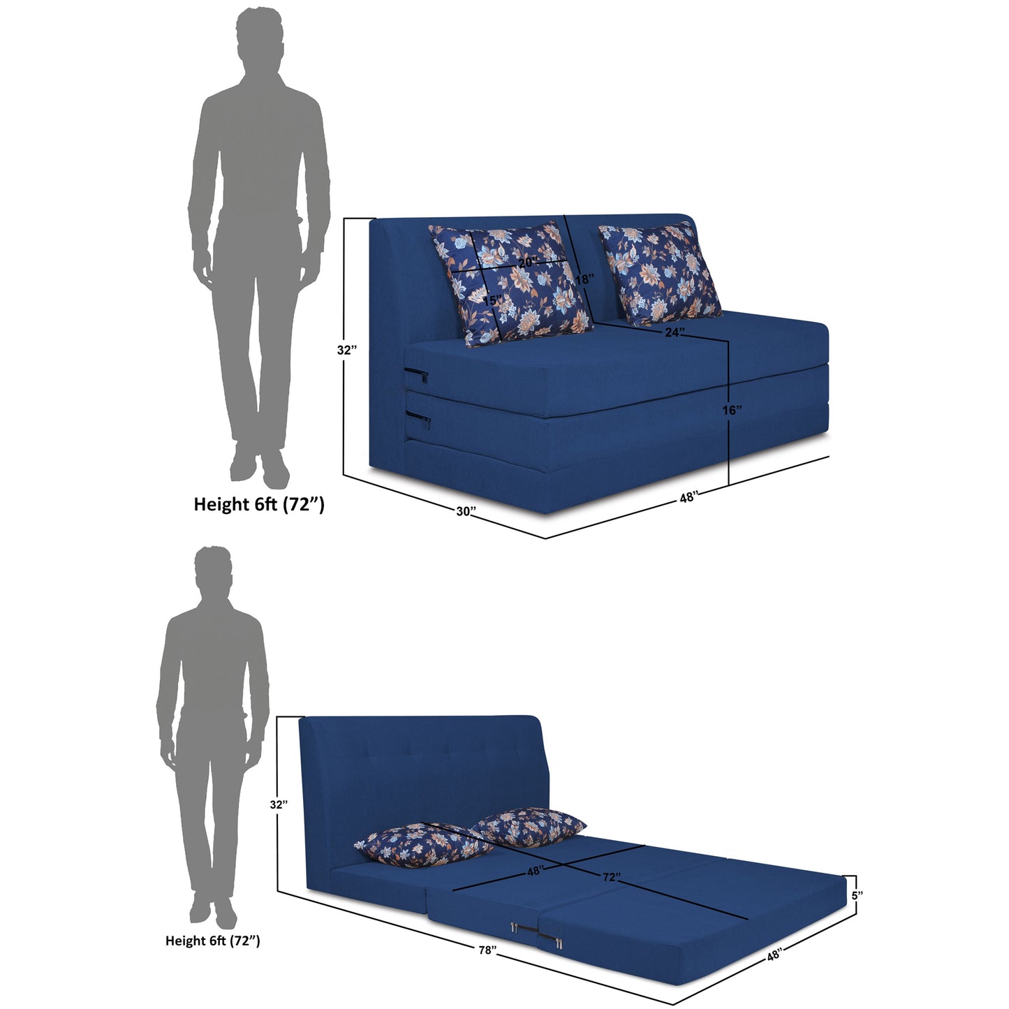 Adorn India Easy Highback Two Seater Sofa Cum Bed Floral 4' x 6' (Blue) (1 Year Warranty)