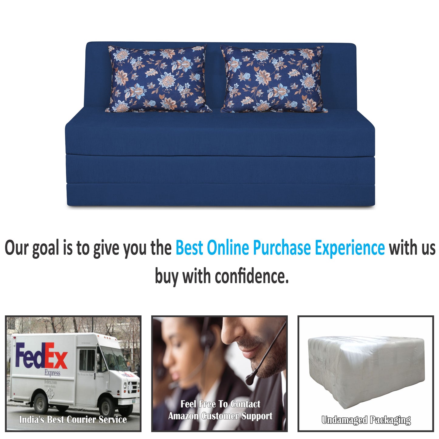Adorn India Easy Highback Three Seater Sofa Cum Bed Floral 5' x 6' (Blue) (1 Year Warranty)