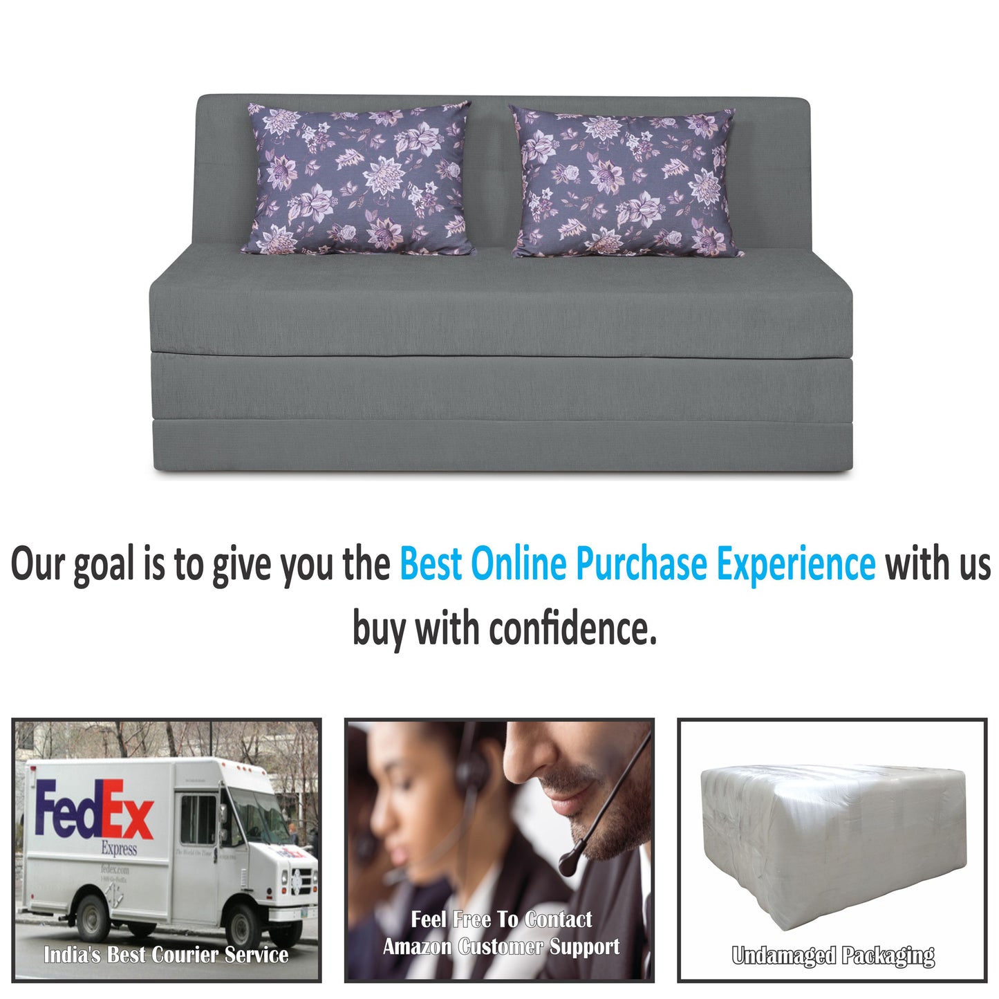 Adorn India Easy Highback Three Seater Sofa Cum Bed Floral 5' x 6' (Grey) (1 Year Warranty)