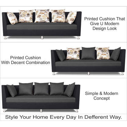 Adorn India Exclusive Two Tone Alica 3-1-1 Five Seater Sofa Set (Dark Grey & Black), Wood, Foam