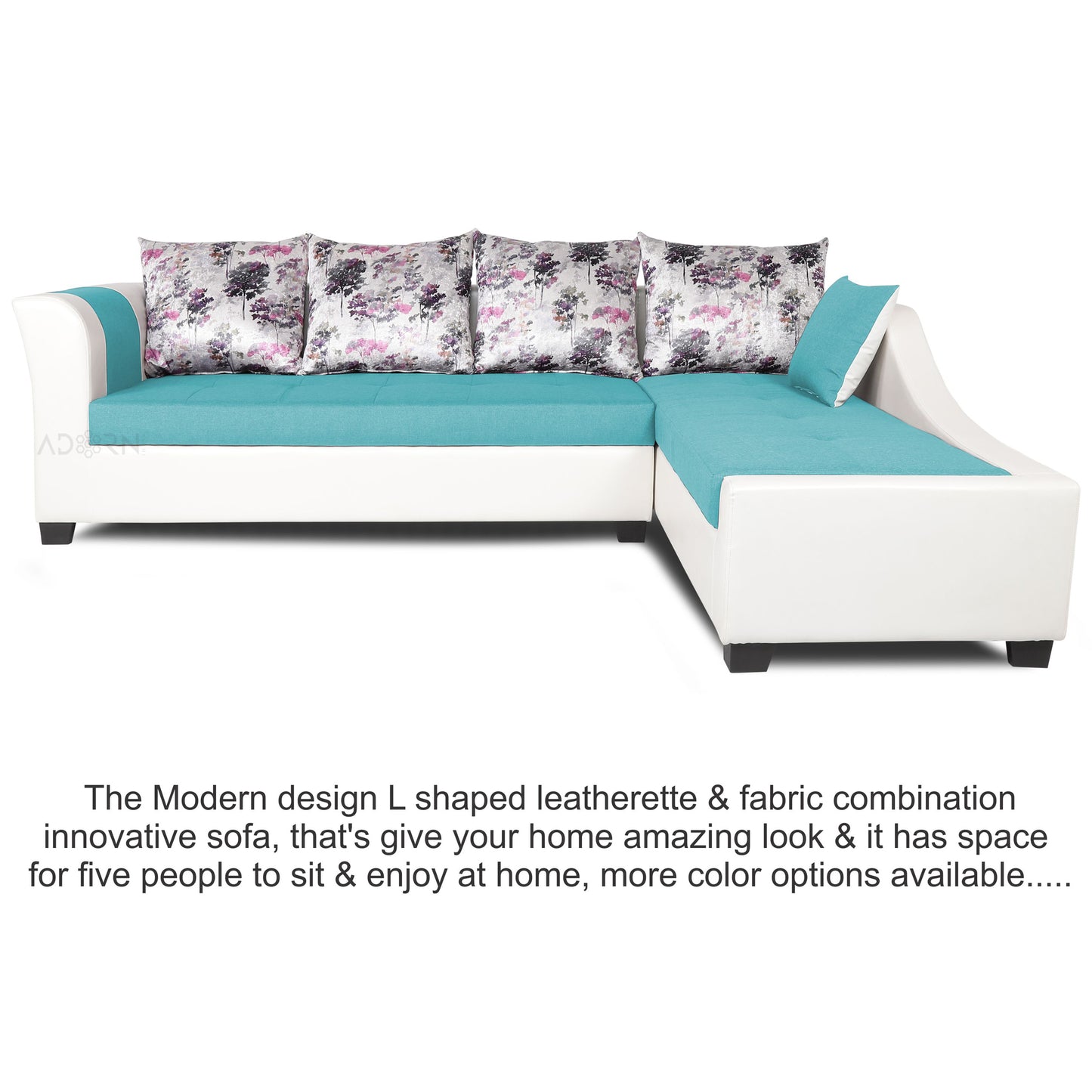 Adorn India Aliana L Shape Leatherette Fabric 6 Seater Sofa Set RHS (Aqua Blue & White) (3 Year Warranty)