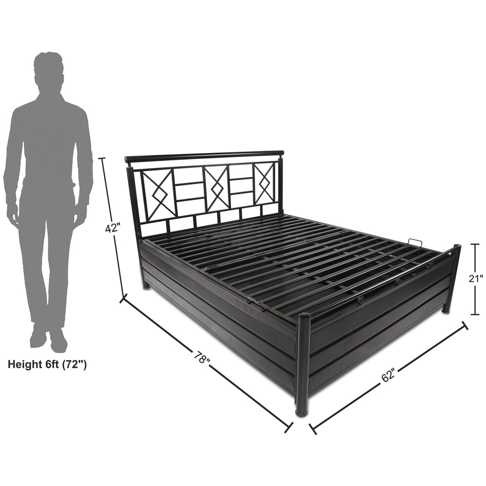 Adorn India Metal Box Spring Queen Bed with Storage-(Matte_Black)