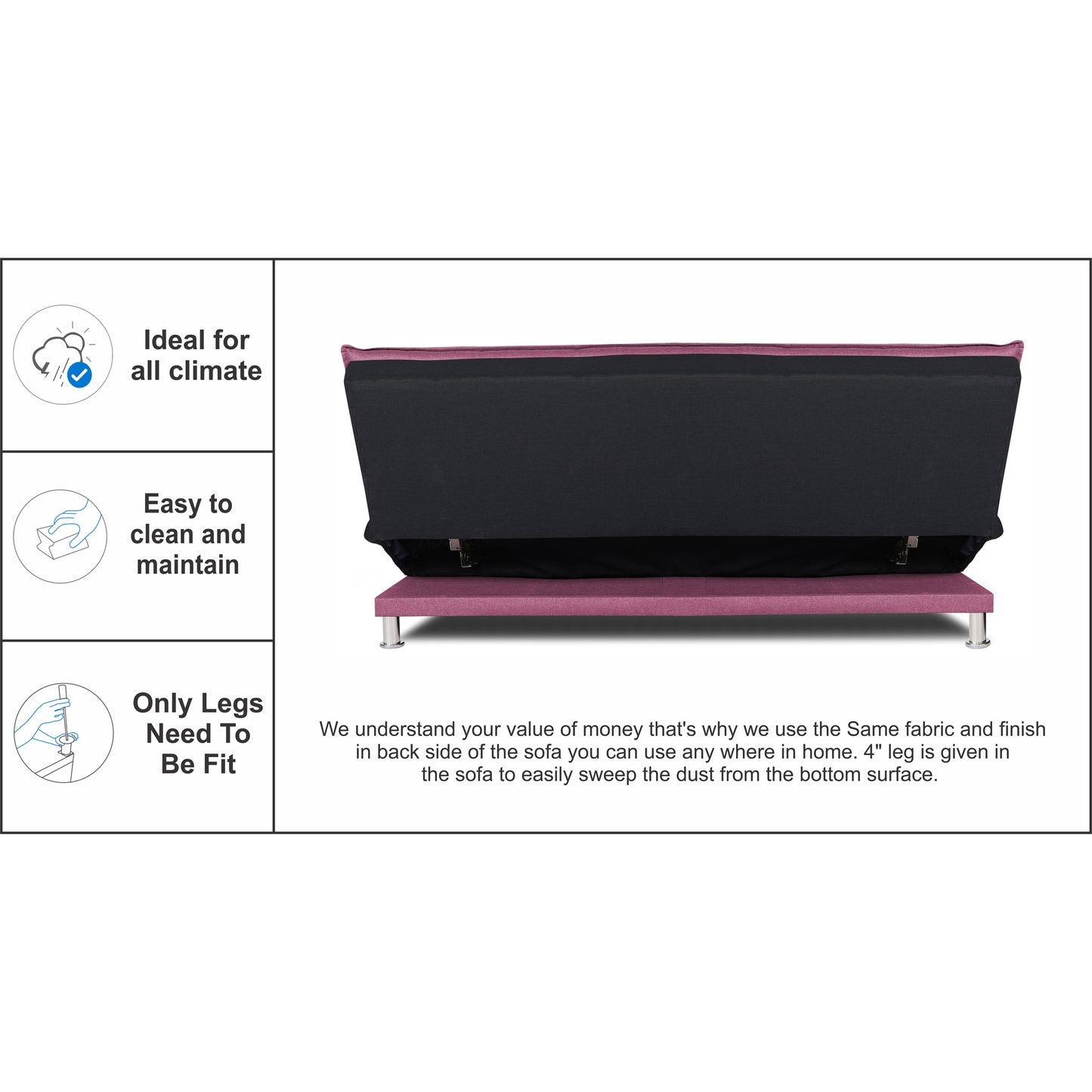 Adorn India Exclusive Two Tone Arden 4 Seater Sofa Cum Bed 4 x 6 (Light Purple & Black) (3 Year Warranty)