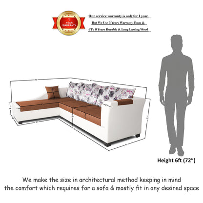Adorn India Aliana L Shape Leatherette Fabric 6 Seater Sofa Set LHS (Rust & White) (3 Year Warranty)