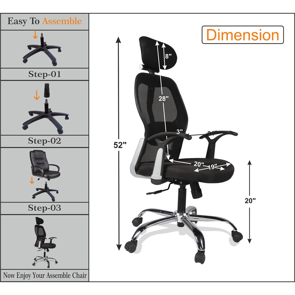 Adorn India Marvel Adjustable High Back Breathable Mesh, Rubberwood Office Executive Ergonomic Chair (Black)