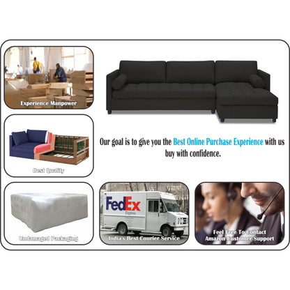 Adorn India Alexander L Shape 7 Seater Sofa Set with Ottoman Puffy RHS (Black) (3 Year Warranty)