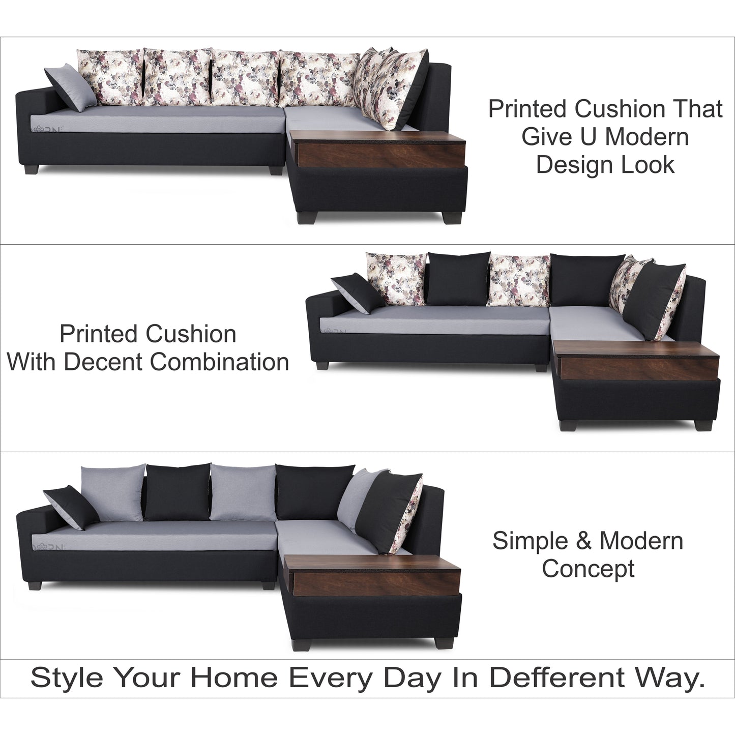 Adorn India Orlando Fabric L Shape Sofa (Black) ack and Light Grey