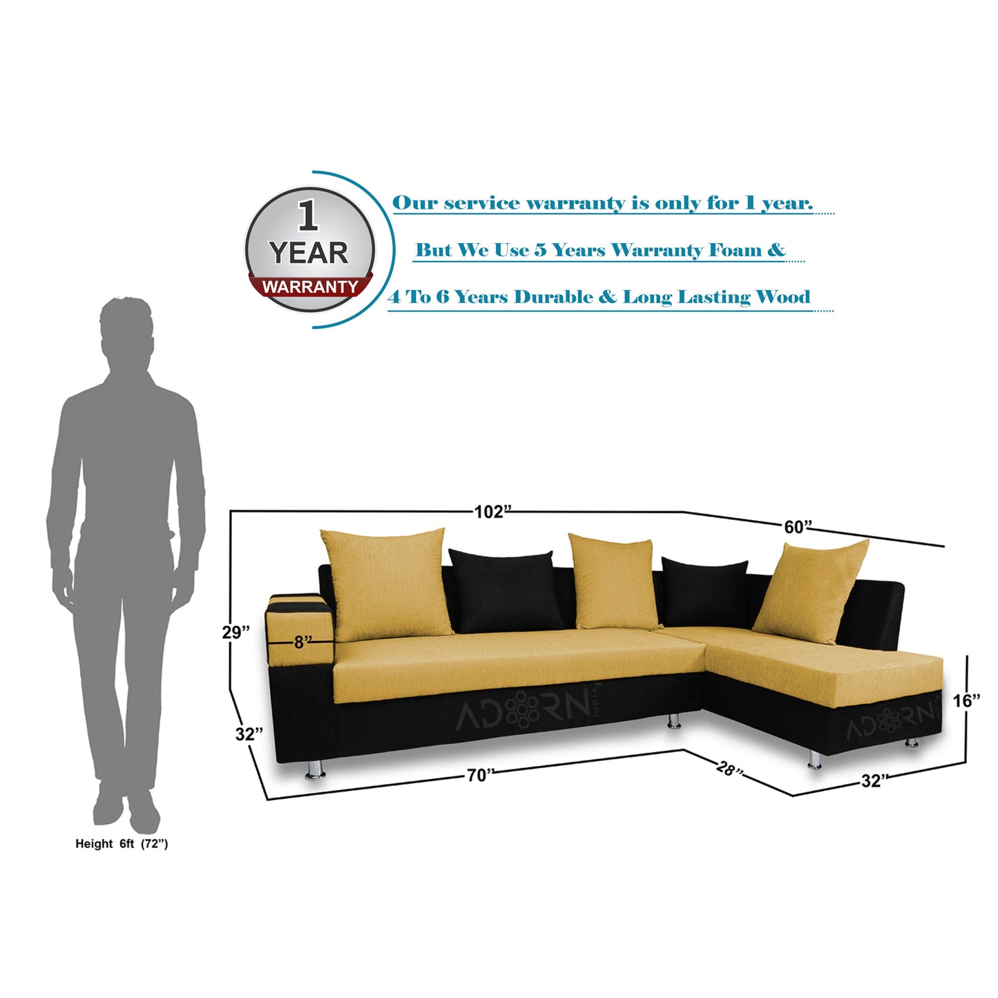 Adorn India Adillac 5 Seater Corner Sofa(Right Side)(Yellow & Black)
