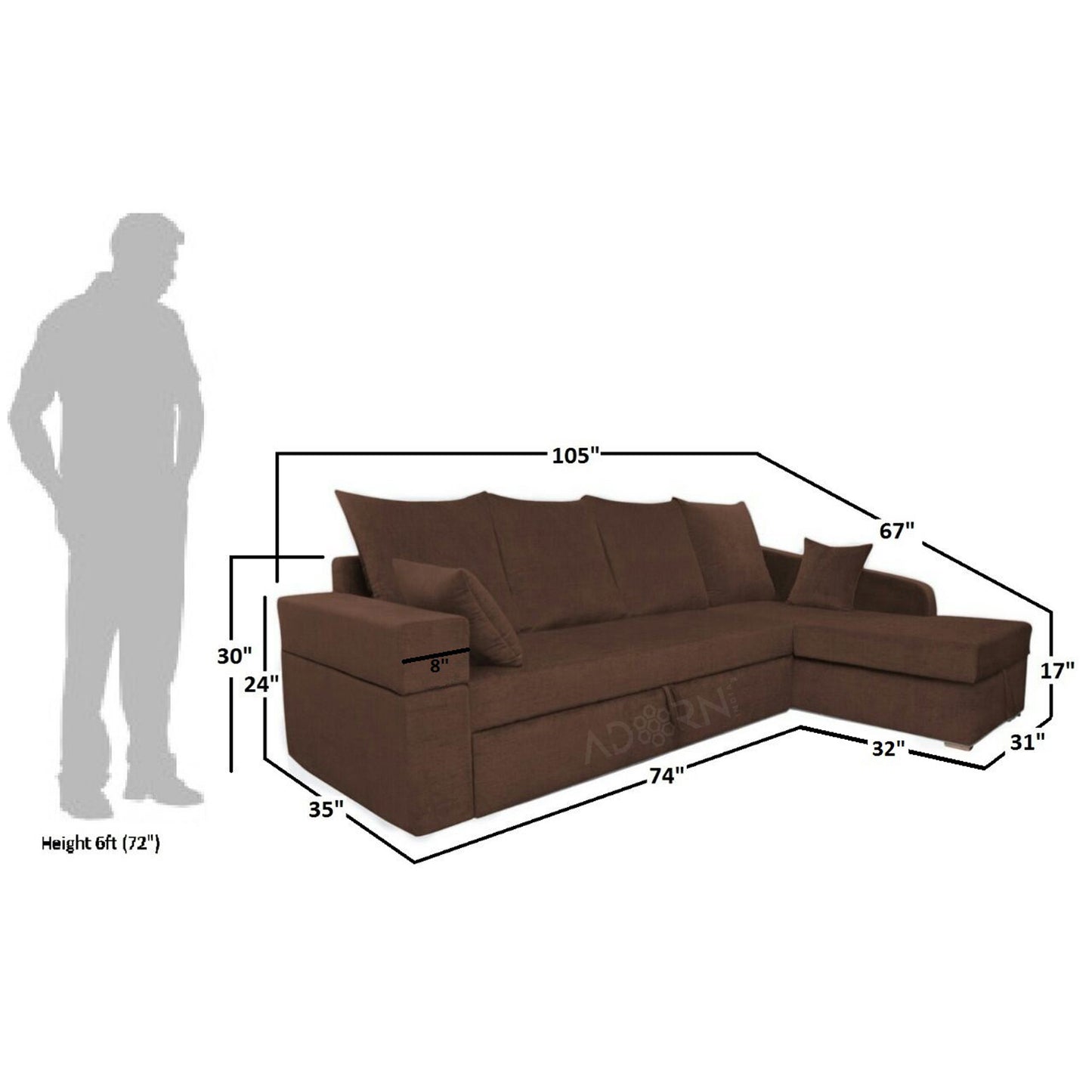 Adorn India Comfort Line L Shape 6 Seater Corner Sofa Cum Bed RHS (Brown)