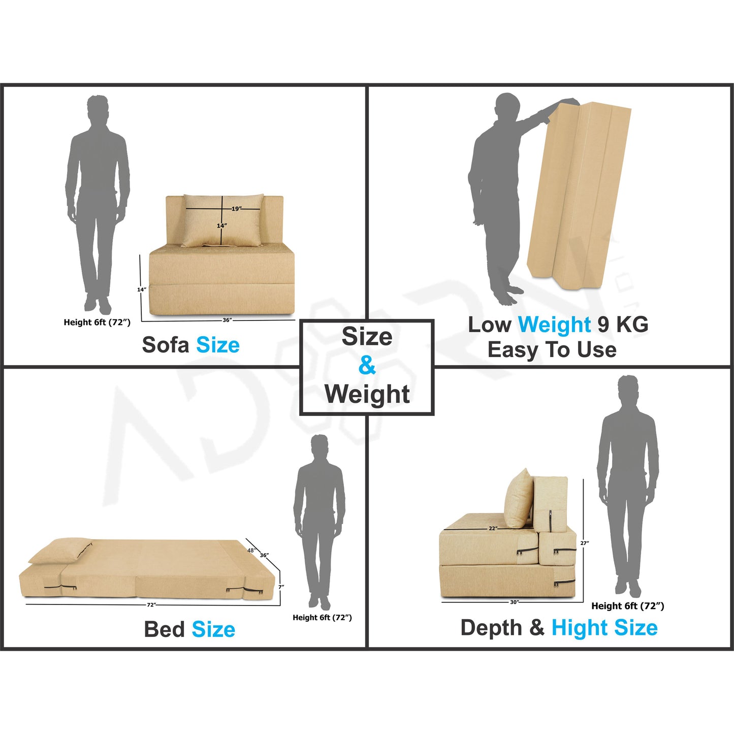 Adorn India Easy 3 Seater Sofa Cum Bed Alyn 3'x 6' (Beige) (1 Year Warranty)