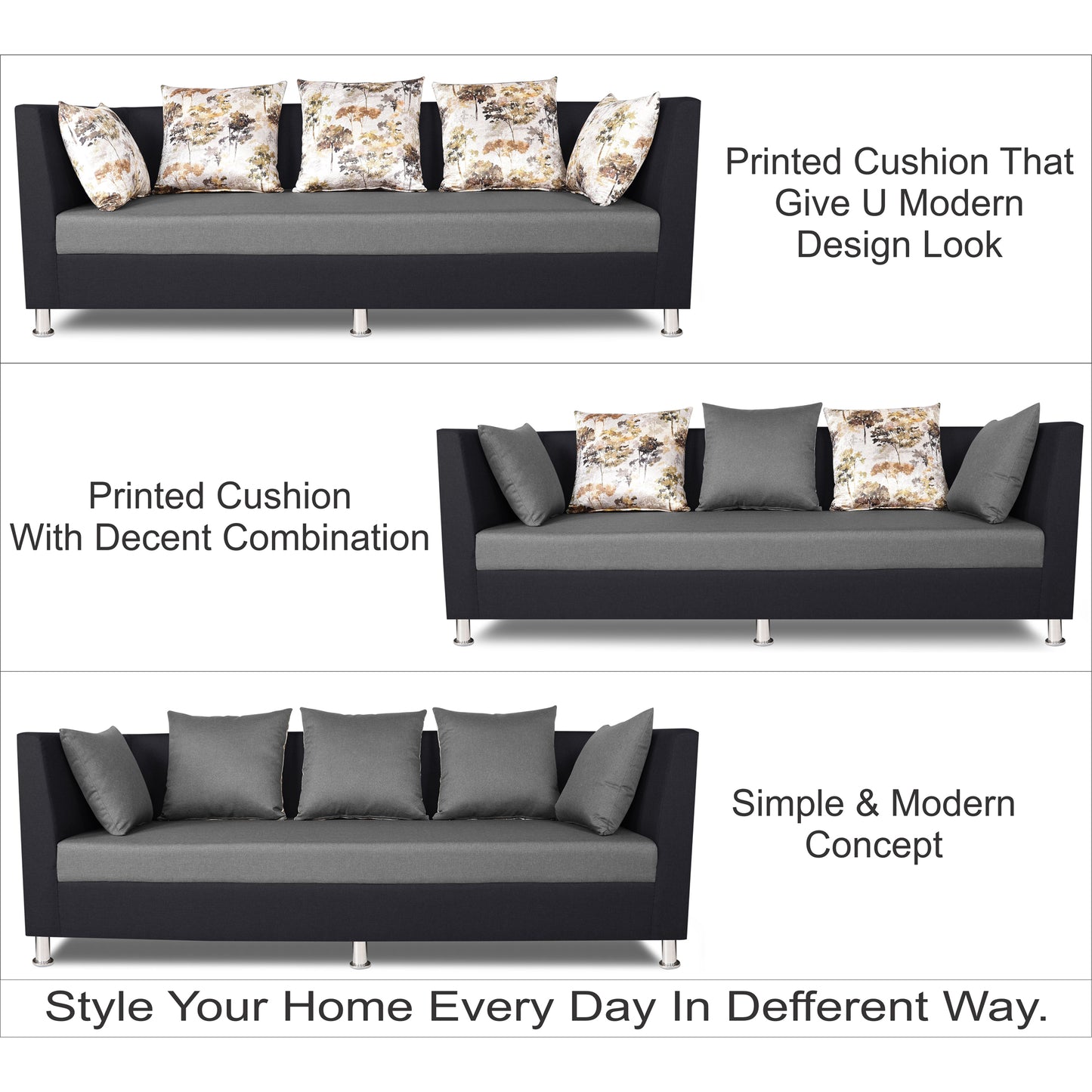 Adorn India Exclusive Two Tone Alica Three Seater Sofa (Light Grey & Black), Wood, Foam