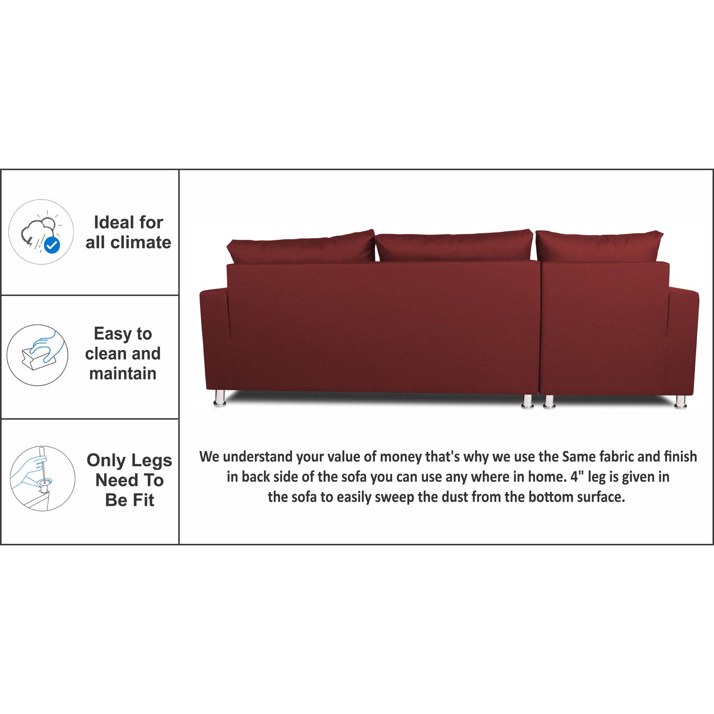 Adorn India Straight Line 6 seater L Shape Sofa set (Left Side Handle)(Maroon)