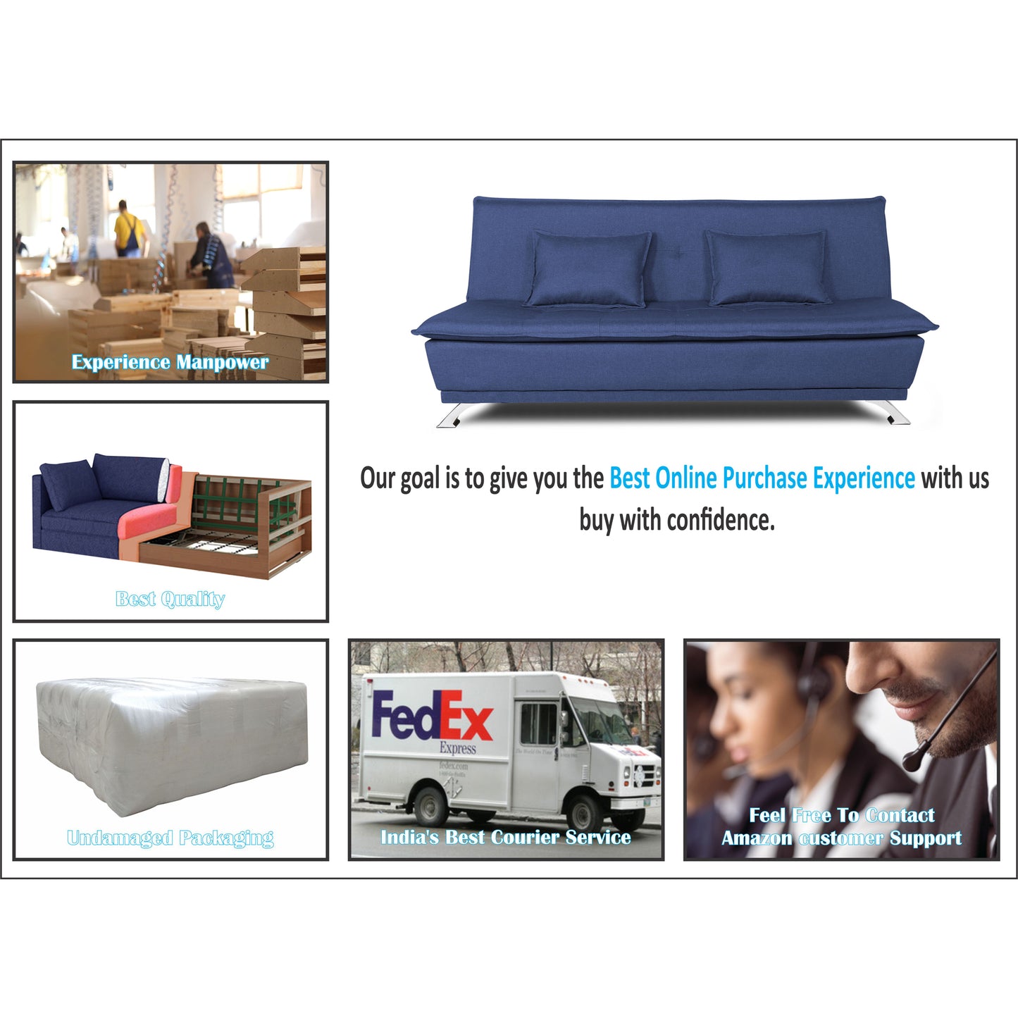 Adorn India Arden 4 Seater Sofa Cum Bed 4 x 6 (Blue) (3 Year Warranty)