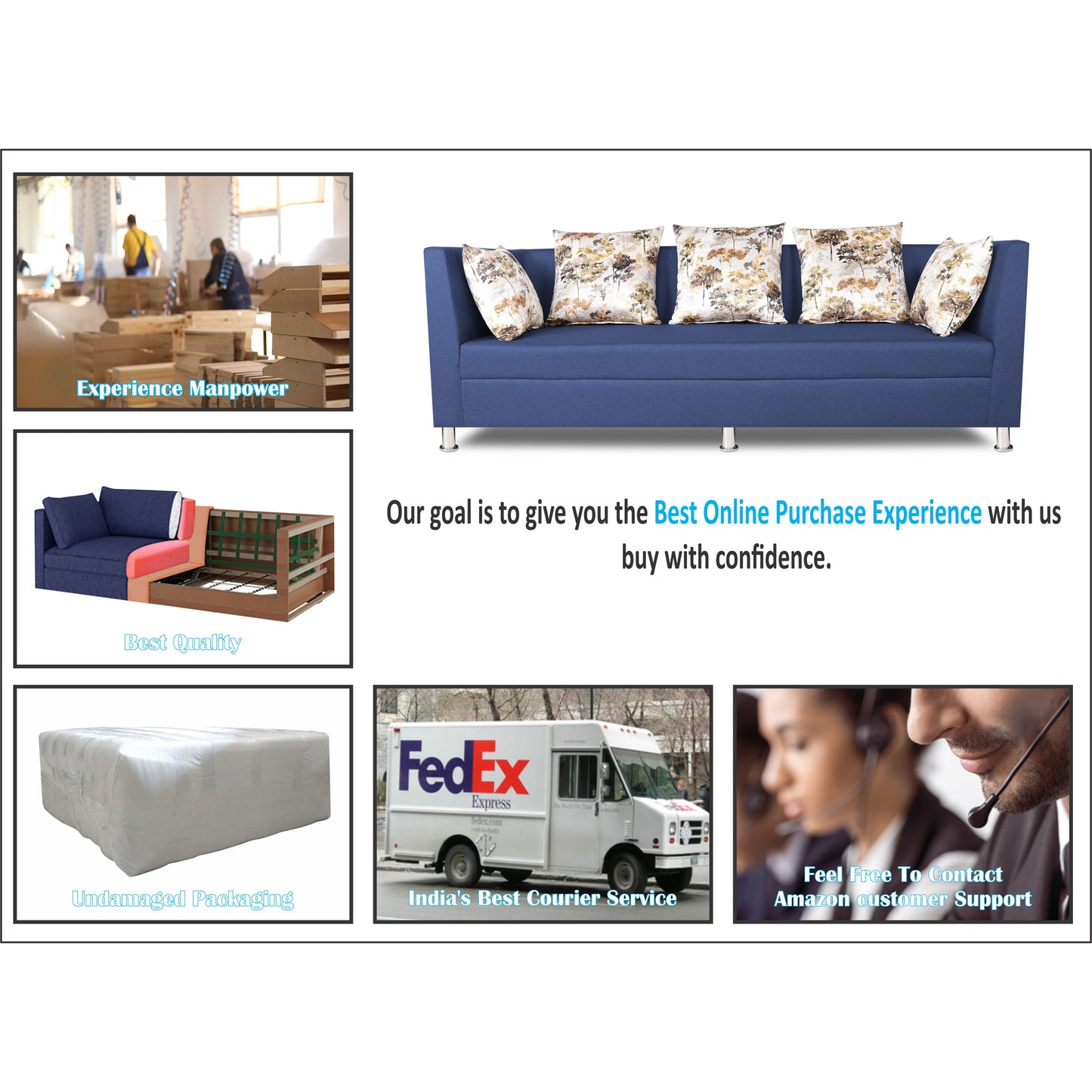 Adorn India Alica 3 Seater Sofa (Blue), Wood, Foam