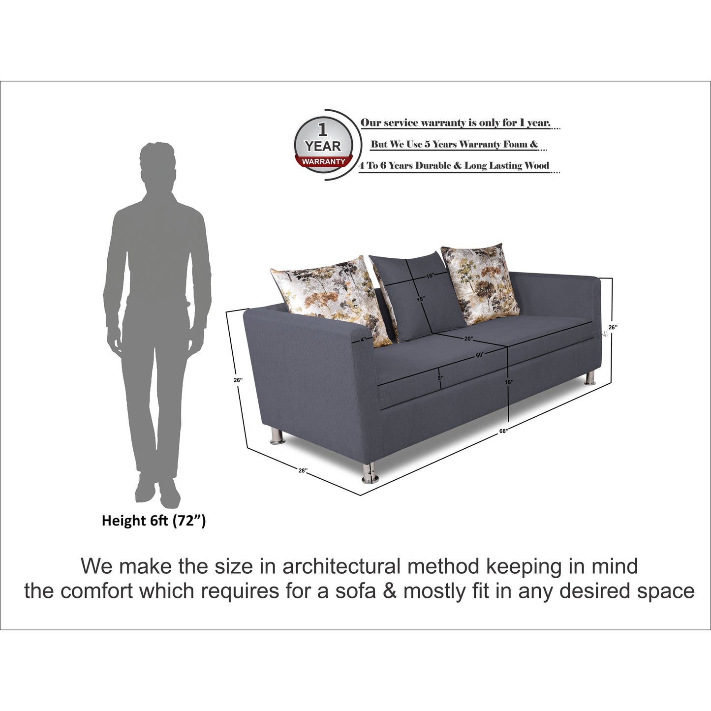 Adorn India Alita 3 Seater Compact Sofa (Dark Grey)