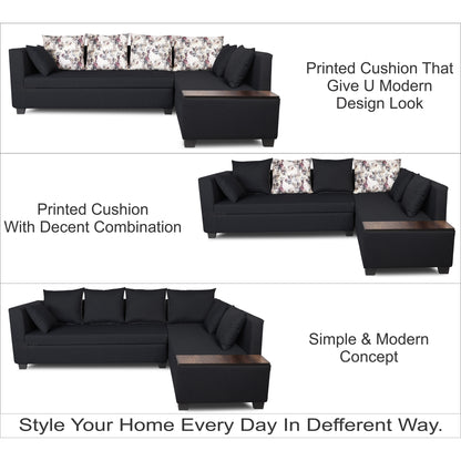 Adorn India Mclain L Shape 6 Seater Sofa (Black)