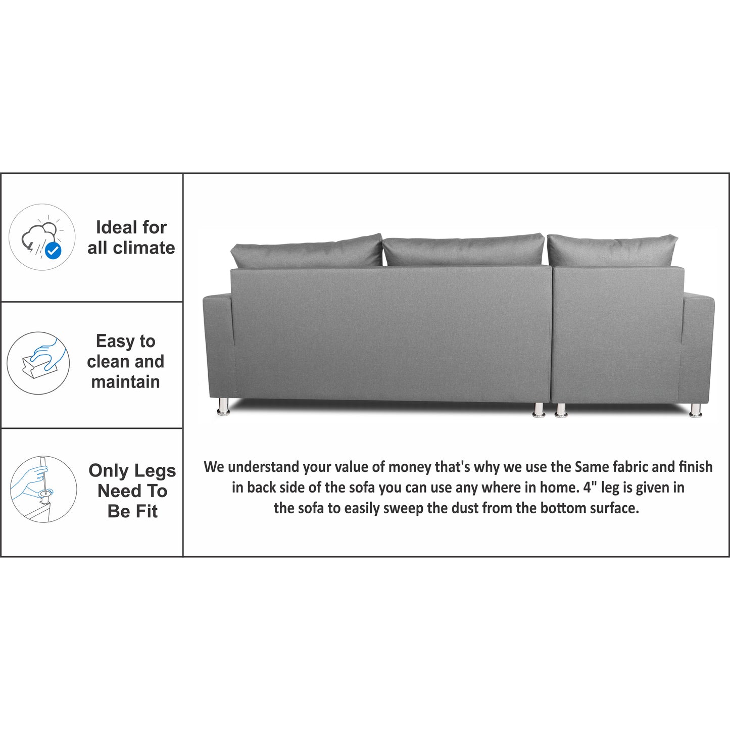 Adorn India Straight Line 6 seater L Shape Sofa set (Left Side Handle)(Light Grey)